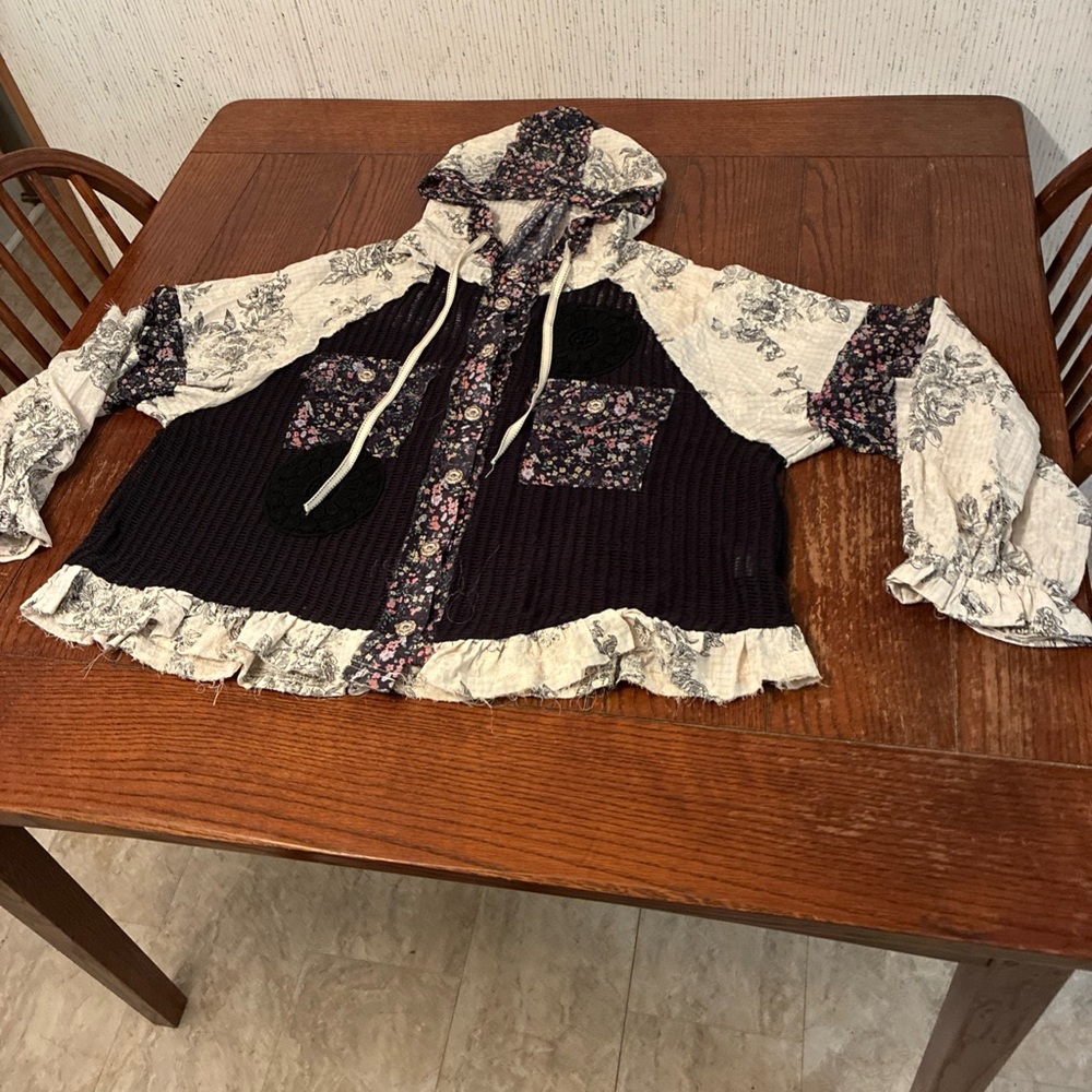 POL Hoodie Jacket Women’s L Wild Halo Balloon Sleeve Crochet Embroidered Fringe